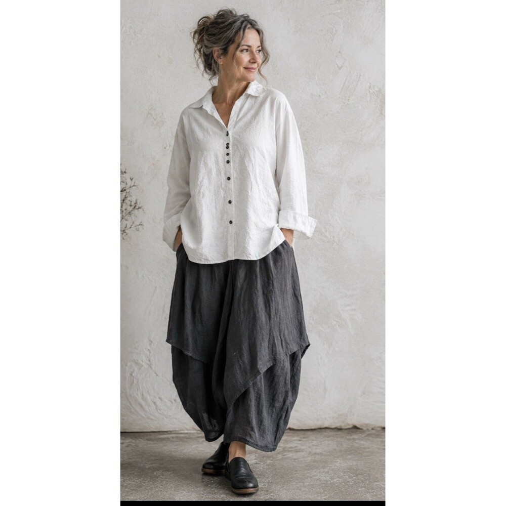 Ali Miles Shirt Women White Crinkle Button Front Tunic Top Lagenlook Size XL